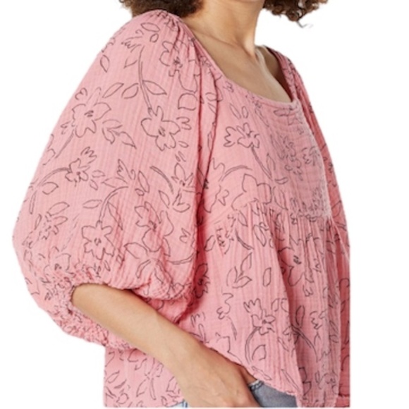 Michael Stars Patsy Linework Flora Square neck puff sleeve double gauze pink top - Picture 4 of 13
